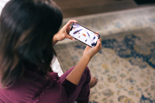 Pet parent watching HD webcam livestream of Dogtopia playroom on mobile device