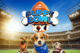 a graphic of dogs in front of a football and the words Puppy Bowl XXI