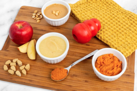 Food board with apple, pumpkin, and other condiments in bowls, with red KONG toy